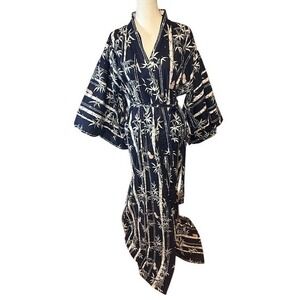 Japanese Kimono Robe OS Bamboo Print Navy Blue White Made in Japan Vintage